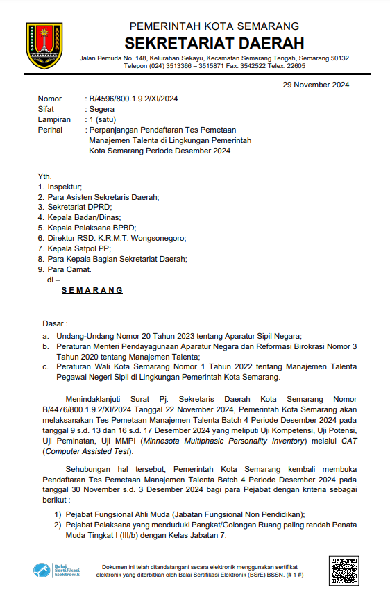 Perpanjangan Pendaftaran Tes Pemetaan Manajemen Talenta di Lingkungan Pemerintah Kota Semarang Periode Desember 2024
